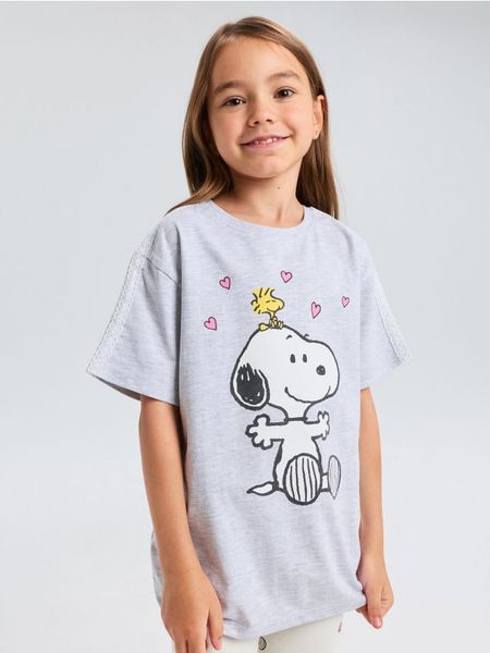 Bawełniana koszulka z ozdobną koronką na rękawach Peanuts - szary. Szare koszulki dziewczęce Sinsay, l, bez wzorów, z bawełny, bez ramiączek. Za 15.99 zł.