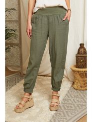 Lin Passion Lniane spodnie w kolorze khaki rozmiar: 40/42. Brązowe spodnie materiałowe damskie Lin Passion, bez wzorów, ze lnu, klasyczne, z podwyższonym stanem. Za 140.53 zł.