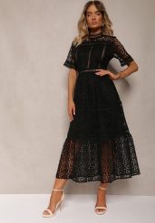 Czarna Rozkloszowana Sukienka Maxi Ażurowa z Falbanką Ranilette. Czarne sukienki damskie Renee, na lato, s, w ażurowe wzory, eleganckie, bez kołnierzyka, bez ramiączek, maxi, rozkloszowane. W wyprzedaży za 132.99 zł.