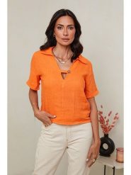 Le Monde du Lin Lniana bluzka w kolorze pomarańczowym rozmiar: 40/42. Pomarańczowe bluzki damskie Le Monde du Lin, bez wzorów, ze lnu, klasyczne, bez kołnierzyka, bez ramiączek. Za 108.99 zł.