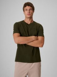4F T-shirt regular gładki męski - khaki M. Brązowe t-shirty męskie 4f, m, bez wzorów, z bawełny, bez kołnierzyka. Za 49.99 zł.