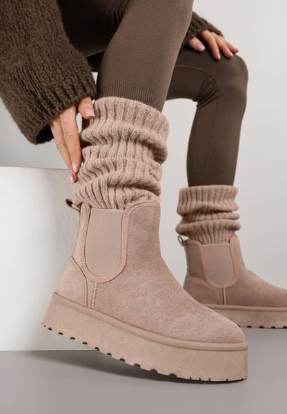 Ciemnobeżowe Śniegowce na Grubej Podeszwie w Stylu Sztybletów Avrenna. Brązowe śniegowce damskie Born2be, z jeansu. Za 89.99 zł.