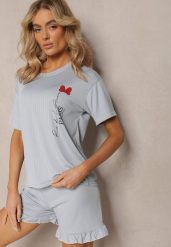 Szary Komplet Piżamowy Szorty Wykończone Falbanką i Koszula z Nadrukiem Tyrvea. Szare piżamy damskie Renee, xl, bez wzorów, bez ramiączek. Za 44.99 zł.