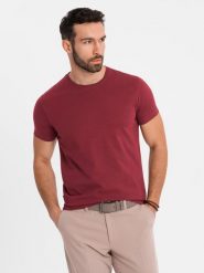 Klasyczny T-shirt męski bawełniany BASIC - bordowy V16 OM-TSBS-0236 - XXL. Czerwone t-shirty męskie Ombre Clothing, l, bez wzorów, z bawełny, bez kołnierzyka. W wyprzedaży za 39.99 zł.
