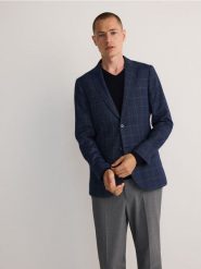 Marynarka slim fit w kratę - granatowy. Niebieskie marynarki męskie Reserved, bez wzorów, z tkaniny. Za 359.99 zł.