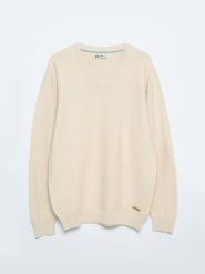 Sweter męski bawełniany klasyczny z dekoltem w serek beżowy Vasonitex 801. Brązowe swetry męskie Big Star, l, bez wzorów, z bawełny, bez kołnierzyka. W wyprzedaży za 139.99 zł.