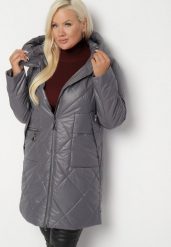 Ciemnoszara Długa Pikowana Kurtka z Kapturem i Dwustronnym Suwakiem Eritha. Szare kurtki damskie Born2be, plus size, bez wzorów, z jeansu, z kapturem. Za 259.99 zł.