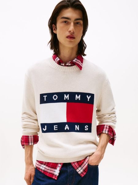Tommy Jeans sweter z dzianiny Mężczyźni Bawełna beżowy|wielokolorowy, L. Brązowe swetry męskie Tommy Jeans, l, bez wzorów, z bawełny, bez kołnierzyka. Za 379.95 zł.