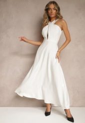 Biała Koktajlowa Sukienka z Wiskozą i Dekoltem Halter Dolmanna. Białe sukienki damskie Renee, l, bez wzorów, z wiskozy, eleganckie, bez kołnierzyka, bez ramiączek, maxi. Za 89.99 zł.