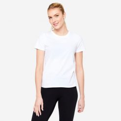 Koszulka z krótkim rękawem damska Domyos Gym & Pilates 100. Białe bluzki damskie DOMYOS, xl, bez wzorów, z bawełny, bez ramiączek. Za 24.99 zł.