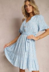 Niebieska Rozkloszowana Sukienka Wiskozowa Mini w Kwiatowy Print z Falbanką Taelle. Niebieskie sukienki damskie Renee, m, bez wzorów, z wiskozy, bez kołnierzyka, bez ramiączek, mini, rozkloszowane. W wyprzedaży za 52.49 zł.