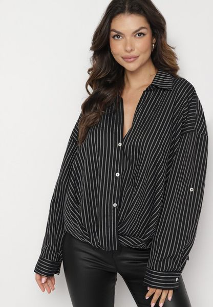 Czarna Koszula z Bawełną w Paski z Przeplatanym Dołem Merinewe. Czarne koszule damskie Born2be, l, bez wzorów, z bawełny, eleganckie, bez kołnierzyka, bez ramiączek. Za 49.99 zł.