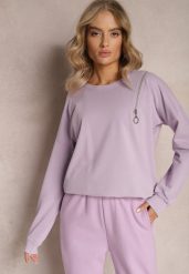 Jasnofioletowa Bluza z Okrągłym Dekoltem i Ozdobnym Suwakiem Saren. Fioletowe bluzy bez kaptura damskie Renee, z bawełny. Za 79.99 zł.