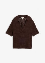Sweter ażurowy z kołnierzykiem polo, z domieszką bawełny. Brązowe swetry klasyczne damskie bonprix, z bawełny, bez kołnierzyka. Za 54.99 zł.