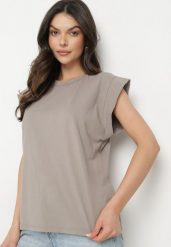 Brązowy Bawełniany Top z Falbanką przy Ramionach Galantia. Brązowe topy damskie Born2be, s, bez wzorów, z bawełny, bez kołnierzyka. Za 59.99 zł.