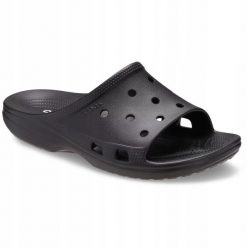 Klapki Dla Dorosłych Crocs Saturday Slide. Czarne klapki damskie Crocs, bez wzorów, z materiału, bez obcasa. Za 139.99 zł.