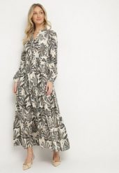 Beżowo-Szara Sukienka z Wiskozą o Rozkloszowanym Kroju z Motywem Roślinnym Edionilira. Brązowe sukienki damskie Born2be, na spacer, l, bez wzorów, z wiskozy, eleganckie, bez kołnierzyka, bez ramiączek, maxi, rozkloszowane. W wyprzedaży za 119.99 zł.