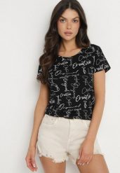 Czarny T-shirt z Bawełny Zdobiony Nadrukiem z Napisami Mirindela. Czarne t-shirty damskie Born2be, l, z aplikacjami, z bawełny, bez kołnierzyka. Za 29.99 zł.