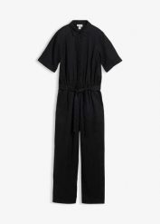 Kombinezon z czystego lnu. Niebieskie kombinezony damskie bonprix, na lato, bez wzorów, ze lnu, eleganckie, bez kołnierzyka, bez ramiączek. Za 339.99 zł.