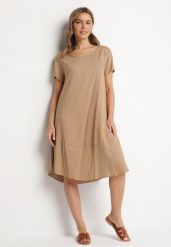 Ciemnobeżowa Rozkloszowana Wiskozowa Sukienka Trivoria. Brązowe sukienki damskie Born2be, na co dzień, l, bez wzorów, z materiału, eleganckie, bez kołnierzyka, bez ramiączek, midi, rozkloszowane. W wyprzedaży za 55.99 zł.