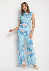 Niebieski Komplet w Kwiaty Asymetryczna Bluzka z Marszczeniem i Szerokie Spodnie Linamia. Niebieskie spodnie materiałowe damskie Born2be, bez wzorów, z materiału, eleganckie. Za 149.99 zł.