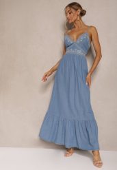 Niebieska Sukienka z Bawełny Stylizowana na Jeans z Ozdobnymi Haftami Rozkloszowana Morlio. Niebieskie sukienki damskie Renee, na co dzień, na lato, l, bez wzorów, z bawełny, eleganckie, bez kołnierzyka, bez ramiączek, maxi, rozkloszowane. W wyprzedaży za 167.99 zł.