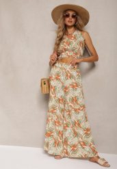 Pomarańczowo-Zielony Komplet Boho z Bawełny Krótki Top na Ramiączkach z Gumką Szerokie Spodnie Rasida. Brązowe spodnie materiałowe damskie Renee, bez wzorów, z bawełny, boho. Za 74.99 zł.