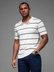 Koszulka męska polo w poziome paski z wiskozą – biało-granatowa V2 OM-POSS-0145 - XXL. Białe koszulki polo męskie Ombre Clothing, l, bez wzorów, z dzianiny, bez ramiączek. W wyprzedaży za 89.99 zł.