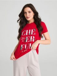 Koszulka świąteczna - czerwony. Czerwone t-shirty damskie Sinsay, l, bez wzorów, z bawełny, bez kołnierzyka. Za 19.99 zł.
