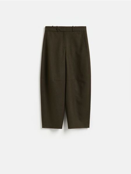 Spodnie barrel leg z domieszką wełny - oliwkowy. Zielone spodnie materiałowe damskie Reserved, bez wzorów, z tkaniny. Za 149.99 zł.