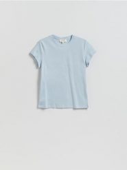 T-shirt z domieszką jedwabiu - jasnoniebieski. Niebieskie t-shirty damskie Reserved, l, bez wzorów, z bawełny, bez kołnierzyka. Za 89.99 zł.