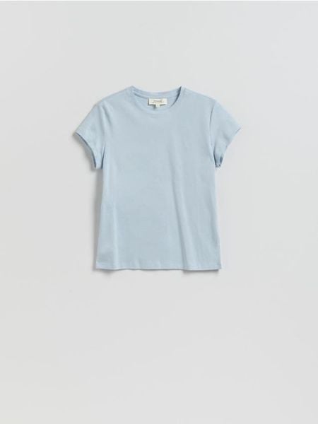 T-shirt z domieszką jedwabiu - jasnoniebieski. Niebieskie t-shirty damskie Reserved, l, bez wzorów, z bawełny, bez kołnierzyka. Za 89.99 zł.