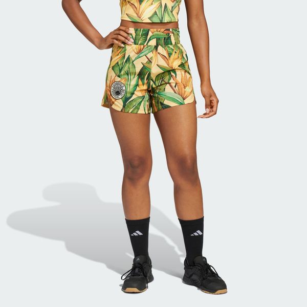 Szorty adidas x FARM Rio Pacer. Zielone spodenki sportowe damskie Adidas, z materiału, na fitness i siłownię. Za 168.40 zł.
