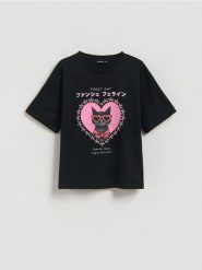 Luźny t-shirt z nadrukiem - czarny. Czarne koszulki dziewczęce Reserved, bez wzorów, z bawełny, bez ramiączek. Za 39.99 zł.