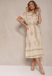 Beżowa Koszulowa Sukienka z Wiskozy Ozdobiona Paskiem i Haftem Divirea. Brązowe sukienki damskie Renee, na co dzień, l, z aplikacjami, z materiału, eleganckie, bez kołnierzyka, bez ramiączek, midi, koszulowe. W wyprzedaży za 135.99 zł.