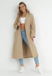 Beżowy Płaszcz Oversize z Wiązanym Paskiem Ziyanna. Brązowe płaszcze damskie Born2be, l, bez wzorów, z materiału. Za 289.99 zł.