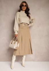 Beżowa Rozkloszowana Spódnica z Gumką w Pasie Wykończona Ozdobnymi Paskami Evirenie. Brązowe spódniczki damskie Renee, l, bez wzorów, eleganckie, midi, dopasowane. Za 139.99 zł.