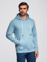 Bluza męska dresowa BASIC kangurka z kapturem - niebieska V7 - Rozmiar: L. Niebieskie bluzy z kapturem męskie Ombre Clothing, l, z bawełny. Za 169.99 zł.