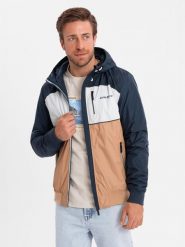 Lekka kolorowa męska kurtka sportowa z polarem – brązowo-granatowa V1 OM-JANP-0194 - XXL. Białe kurtki treningowe męskie Ombre Clothing, l, bez wzorów, z materiału. W wyprzedaży za 199.99 zł.