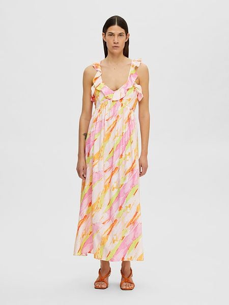 SELECTED FEMME Sukienka w kolorze jasnoróżowo-żółtym rozmiar: 38. Różowe sukienki damskie Selected Femme, na co dzień, s, bez wzorów, z wiskozy, klasyczne, bez kołnierzyka, bez ramiączek, maxi, proste. Za 122.09 zł.