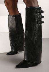 Czarne Kozaki na Obcasie Ozdobione Wywiniętą Cholewką z Paskami i Klamrami Liennia. Czarne kozaki damskie Born2be, bez obcasa, na obcasie. Za 169.99 zł.