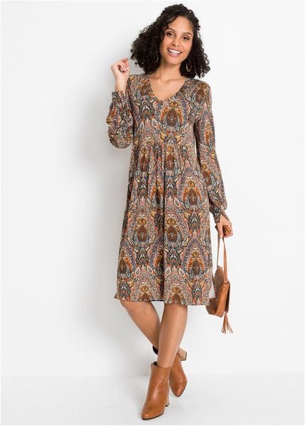 Sukienka z dżerseju w deseń paisley. Czerwone sukienki damskie bonprix, bez wzorów, z dżerseju, bez kołnierzyka, bez ramiączek. Za 119.99 zł.