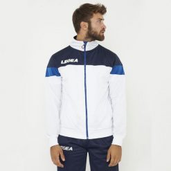 Kurtka sportowa Bolivia biała-niebieska. Białe kurtki treningowe męskie Legea, m, bez wzorów, z materiału, na fitness i siłownię. Za 72.00 zł.