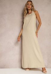 Beżowa Sukienka Trapezowa z Kieszeniami i Wiązaniem na Szyi Nestaulia. Brązowe sukienki damskie Renee, na co dzień, l, bez wzorów, z jeansu, eleganckie, bez kołnierzyka, bez ramiączek, maxi, kopertowe. W wyprzedaży za 104.99 zł.