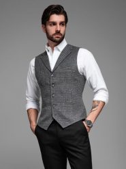Elegancka kamizelka męska w kratkę z klapami – czarna V3 OM-BLZV-0110 - XXL. Czarne kamizelki męskie Ombre Clothing, l, z materiału. W wyprzedaży za 119.99 zł.