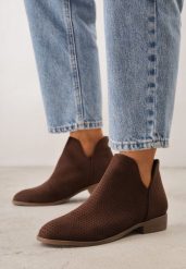 Ciemnobrązowe Płaskie Botki Vices z Wycięciem Felilia. Brązowe botki damskie Born2be, z jeansu, eleganckie, bez obcasa, na płaskiej podeszwie, bez zapięcia. Za 119.99 zł.