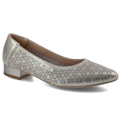 Baleriny damskie Exquisite, ażurowe i eleganckie, złote, 1179-2. Żółte baleriny damskie EXQUISITE, w ażurowe wzory, ze skóry, bez obcasa, na obcasie. Za 179.00 zł.