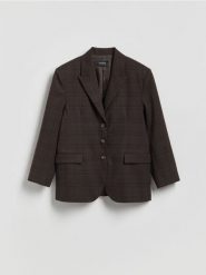 Jednorzędowa marynarka w kratę - ciemnobrązowy. Brązowe marynarki i żakiety damskie Reserved, l, bez wzorów, z tkaniny. Za 259.99 zł.