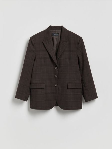 Jednorzędowa marynarka w kratę - ciemnobrązowy. Brązowe marynarki i żakiety damskie Reserved, l, bez wzorów, z tkaniny. Za 259.99 zł.