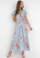 Jasnoniebieska Sukienka Thellippe. Niebieskie sukienki damskie Born2be, m, bez wzorów, z tkaniny, eleganckie, bez kołnierzyka, bez ramiączek, maxi, rozkloszowane. W wyprzedaży za 67.99 zł.